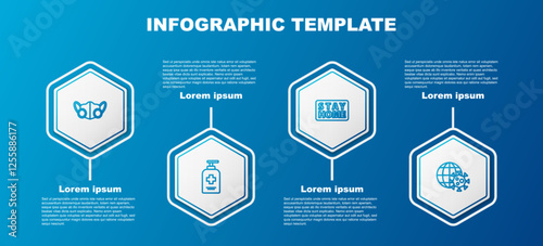 Set line Medical protective mask, Liquid antibacterial soap, Stay home and Earth globe with virus. Business infographic template. Vector