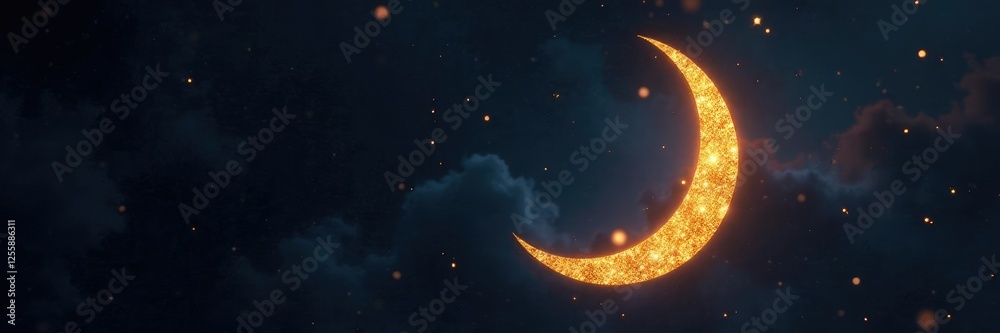Fototapeta premium Glittering metallic crescent moon in darkness shines, crescent moon, lunar, golden sparkles