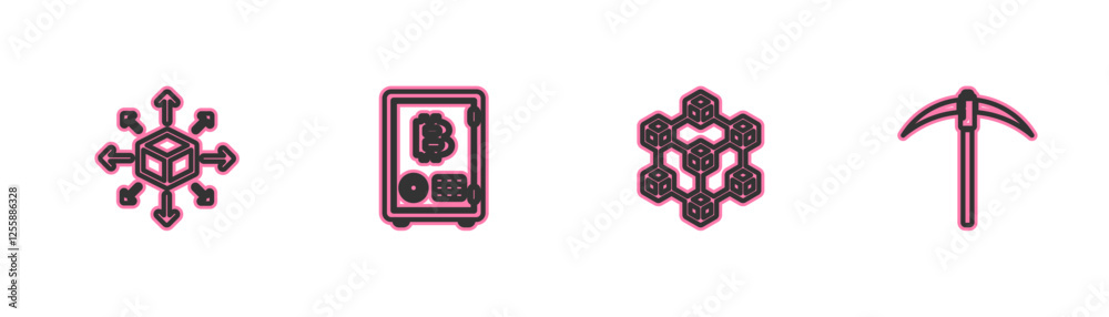 Set line Distribution, Blockchain technology, Proof of stake and Pickaxe icon. Vector Set line Distribution, Blockchain technology, Proof of stake and Pickaxe icon. Vector