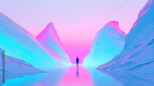 Neon Glitch Dreamscape, a vibrant and surreal synthetic landscape infused with glitchy neon overlays, featuring solid colors and a pop art-inspired geometric design. photo