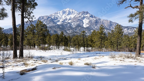 Wallpaper Mural Majestic snow-capped mountain range surrounded by pines rocky landscape winter wide-angle nature's beauty Torontodigital.ca