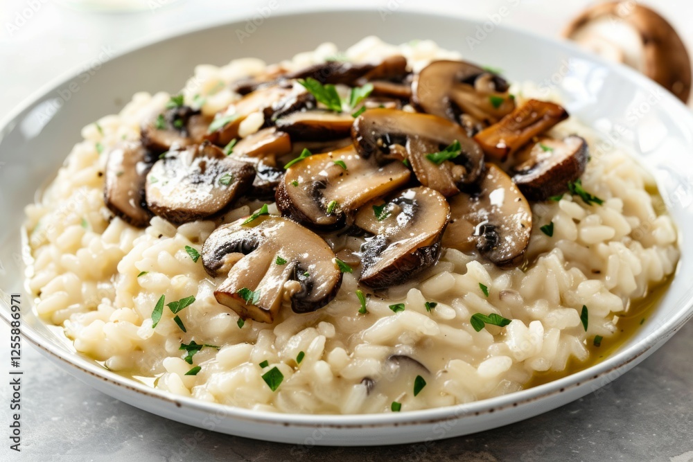 Creamy mushroom risotto on white plate. AI image Creamy mushroom risotto on white plate. AI image
