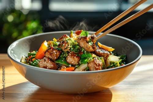 Delicious low-calorie vegetable stir-fry urban kitchen food photography brightly presented close-up healthy eating concept