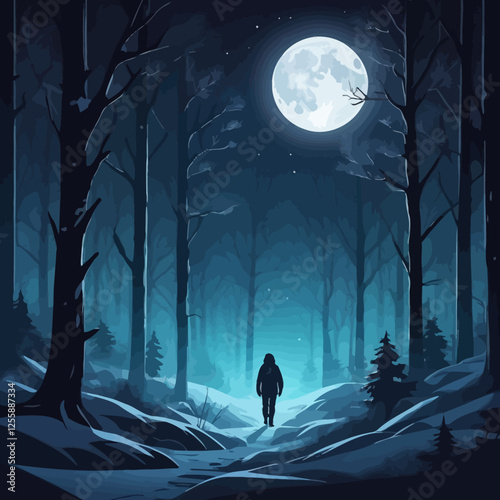 Person walking in snowy forest at night with moon view, vector illustration.	

