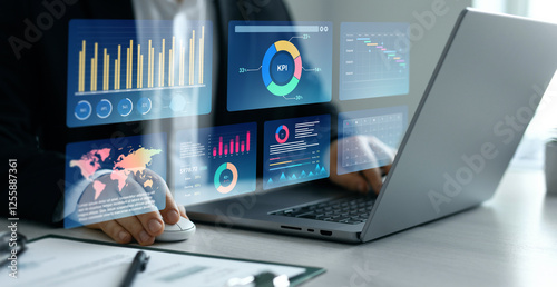 inancial business data analytics graph dashboard. Management data System KPI connected in database for follow earnings,operations and sales data.	