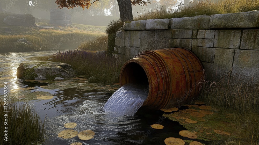 Rusty Pipe Discharging Water Into Stream Surrounded By Autumn Foliage and Serene Landscape Rusty Pipe Discharging Water Into Stream Surrounded By Autumn Foliage and Serene Landscape