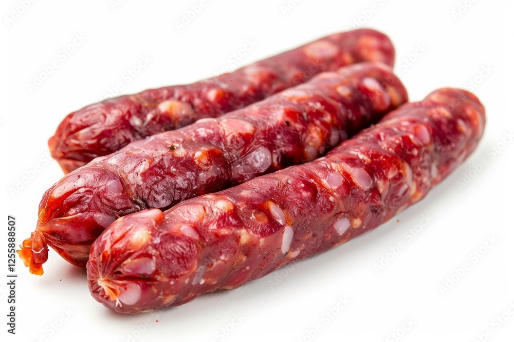 Rustic smoked sausages on white background. AI image Rustic smoked sausages on white background. AI image