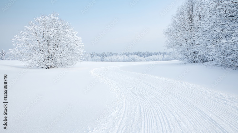 Obraz premium Snowy winter trail through a frosted landscape