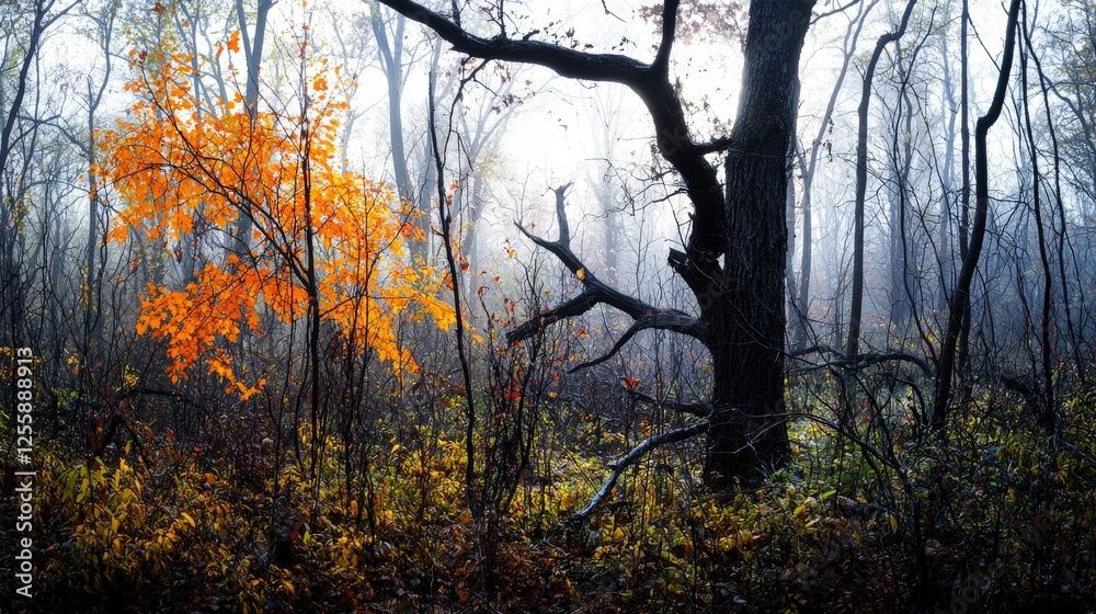 Fototapeta premium Morning light filters through tranquil forest nature photography serene environment early autumn vibes