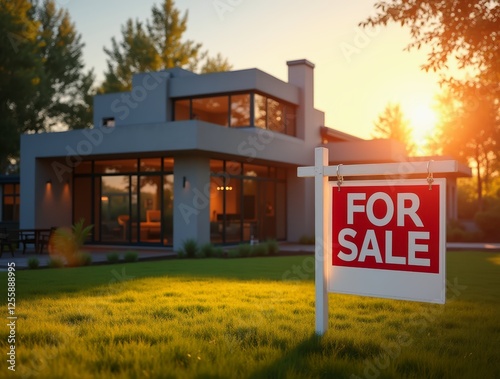 Beautiful modern single-family home is for sale, bathed in golden sunlight photo