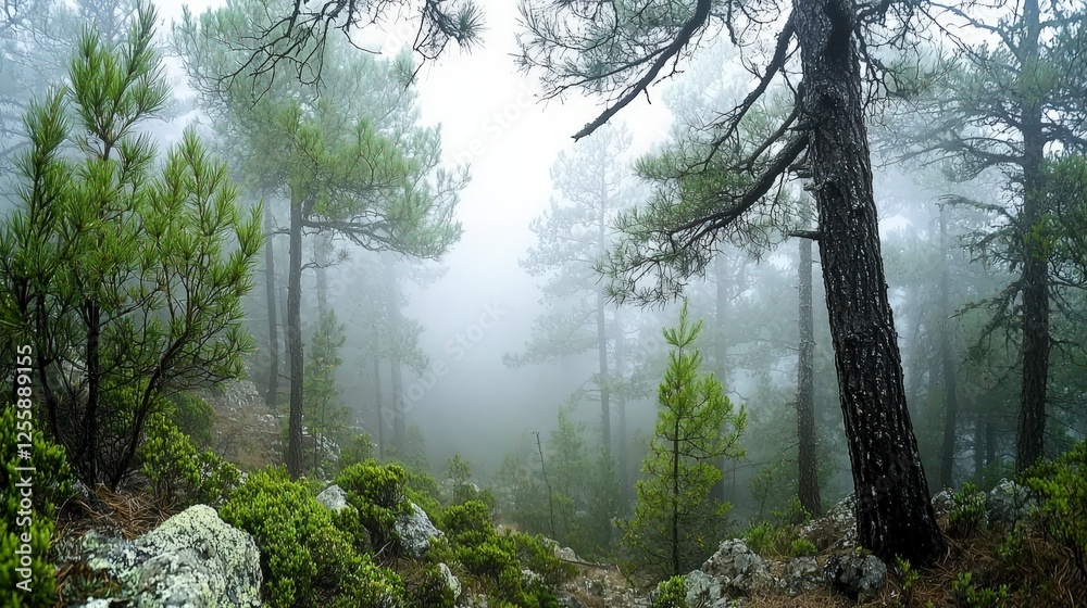 Mystical misty pine forest exploration nature landscape serene environment tranquil viewpoint peaceful concept Mystical misty pine forest exploration nature landscape serene environment tranquil viewpoint peaceful concept