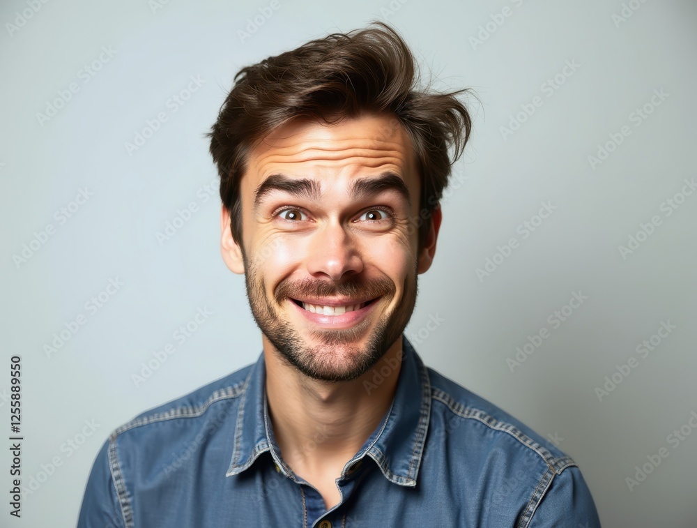 Obraz premium Sarcastic man raising eyebrows and smirking mischievously giving skeptical look