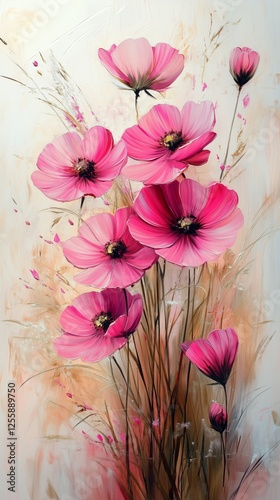 Bright pink flowers blooming against a soft, airy background in an artistic f...