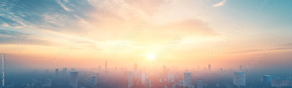 Fototapeta premium A breathtaking sunrise over a skyline, with soft colors blending into a clear sky, creating a serene and tranquil atmosphere.