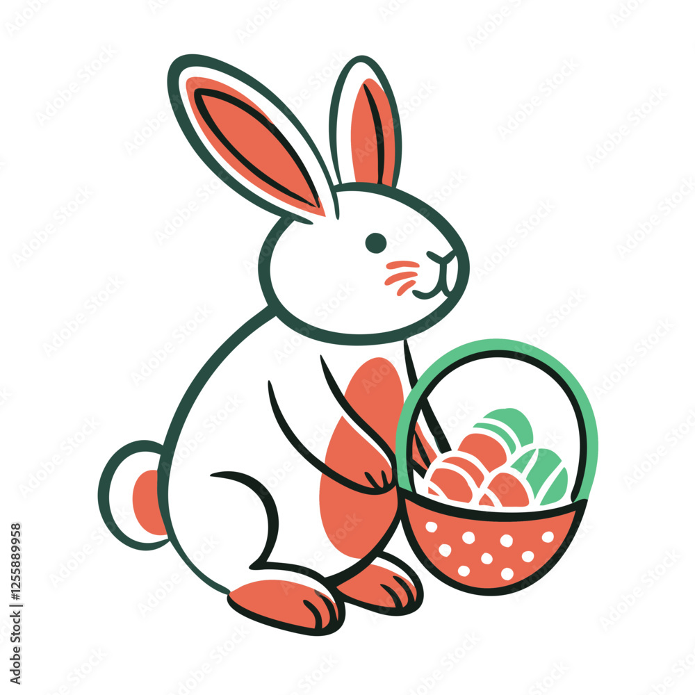 Easter bunny icon holding basket of colored eggs, festive symbol Easter bunny icon holding basket of colored eggs, festive symbol