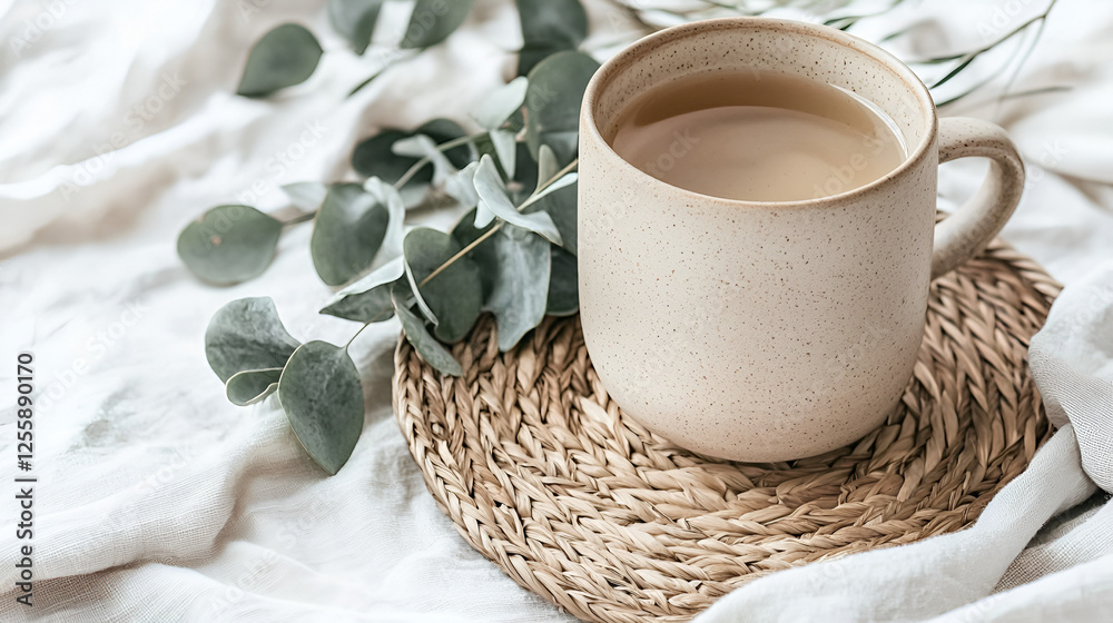 Cozy Moment: A soothing drink, natural textures, and soft light create a tranquil and inviting atmosphere. Cozy Moment: A soothing drink, natural textures, and soft light create a tranquil and inviting atmosphere.