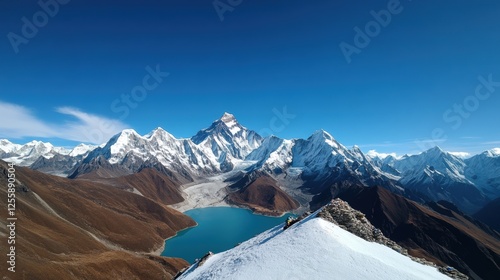 Snow-capped mountains under a clear blue sky from above photo