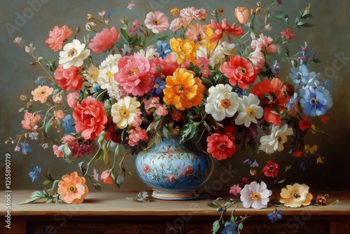 Beautiful flower arrangement in a blue vase on a wooden surface with vibrant ...
