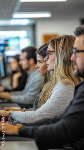 Professionals working on computers in an office environment during the day fo...