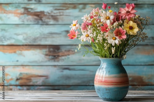 Wallpaper Mural Fresh floral arrangement in a colorful vase on a rustic wooden table against a weathered blue background Torontodigital.ca