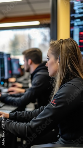 Traders engaged in market analysis in a technology-driven workplace environment