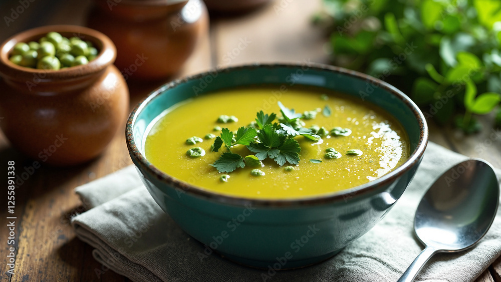 Steaming Split Pea Soup in Rustic Setting: Perfect for Culinary Blogs, Recipe Books, and Health-Focused Websites Steaming Split Pea Soup in Rustic Setting: Perfect for Culinary Blogs, Recipe Books, and Health-Focused Websites