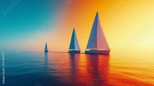 Sailing boats glide across calm waters during a vibrant sunset near the horizon
