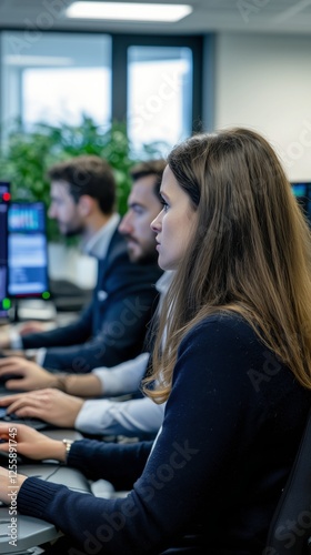 Professionals engaged in teamwork at modern office with computers in a bright...