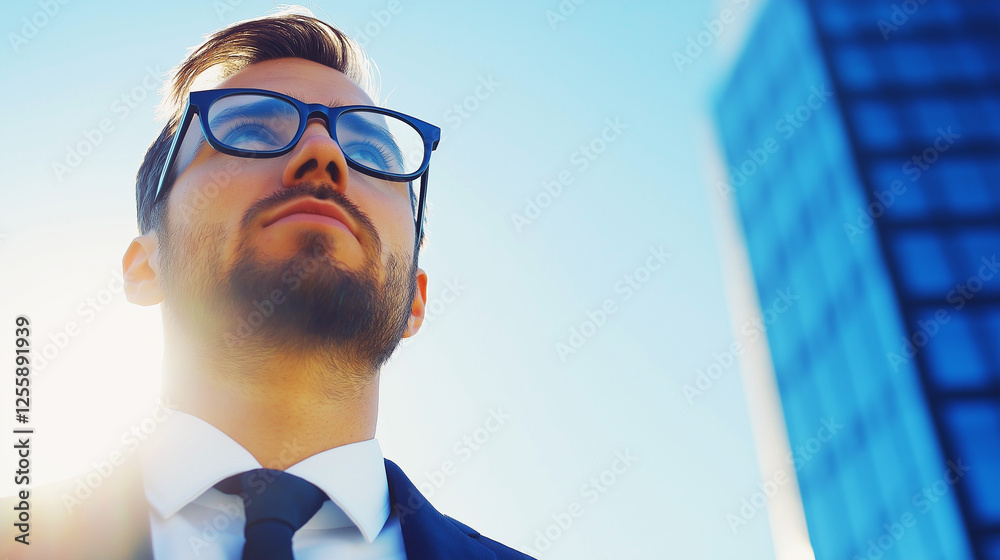 Fototapeta premium Confident young businessman looking ahead to the future: perfect stock image for corporate branding, leadership articles, and career success themes