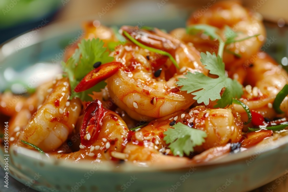 Spicy shrimp dish with herbs on grey plate. AI image Spicy shrimp dish with herbs on grey plate. AI image
