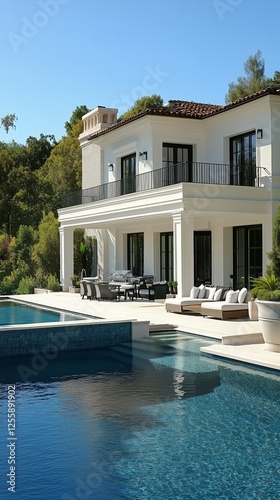 Luxurious villa with swimming pool and garden in bright sunlight
