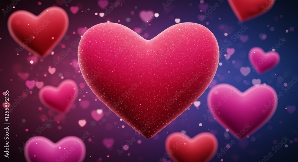 Sparkling Hearts Romantic Background - A cluster of vibrant, textured hearts floats against a shimmering purple and blue backdrop. Symbolizing love, affection, romance, passion, and Valentine's Day. Sparkling Hearts Romantic Background - A cluster of vibrant, textured hearts floats against a shimmering purple and blue backdrop. Symbolizing love, affection, romance, passion, and Valentine's Day.