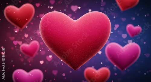Sparkling Hearts Romantic Background - A cluster of vibrant, textured hearts floats against a shimmering purple and blue backdrop. Symbolizing love, affection, romance, passion, and Valentine's Day.