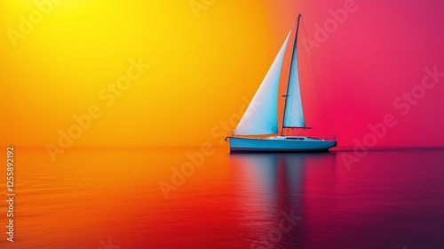 Sailboat glides gently across calm waters under a vibrant sunset sky