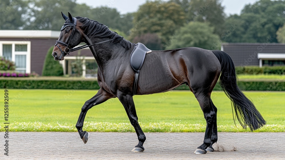 Obraz premium Dark brown stallion walking, green field, houses background, equestrian photography