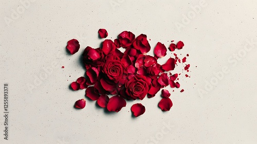 Red Roses and Petals on White Background