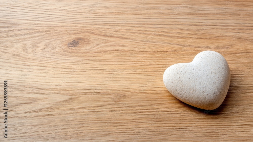 Obraz premium Heart-shaped white stone on light wooden surface, symbolizing love and nature