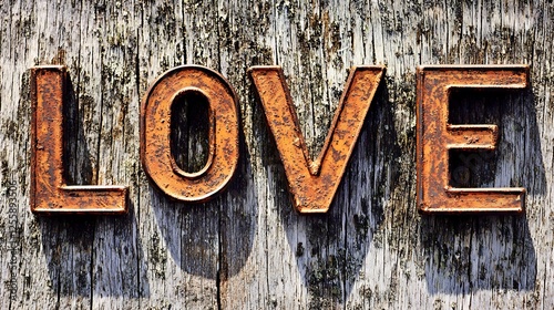Rusty Metal Letters Spelling Love on Weathered Wood