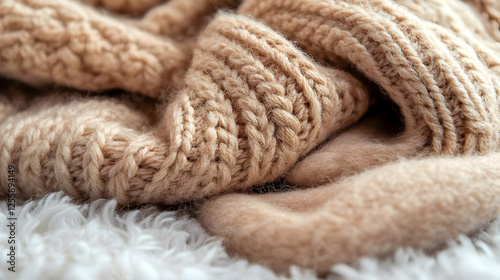 Photo Cozy Knitwear Texture Warm Beige Sweater on Fur