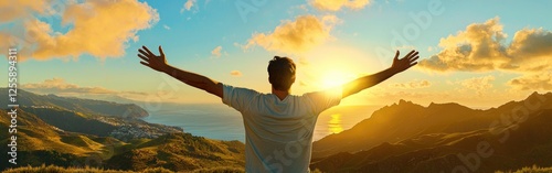 Hiker celebrates breathtaking sunset over Madeira mountains after a rewarding journey