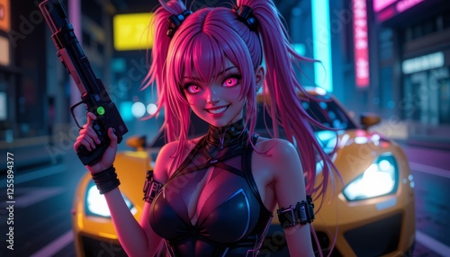 Crazy Anime Girl with a Gun in Neon-Lit Phonk Aesthetic Parking Lot