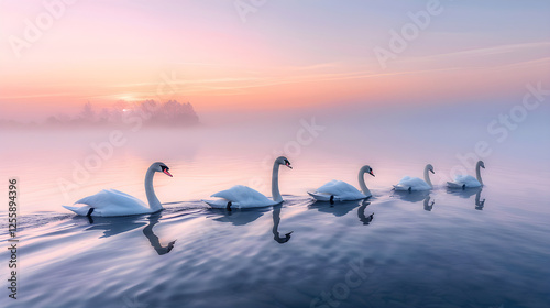 Tranquil Swan Quintet Gliding Through Serene Lake at Sunrise with Reflective Waters