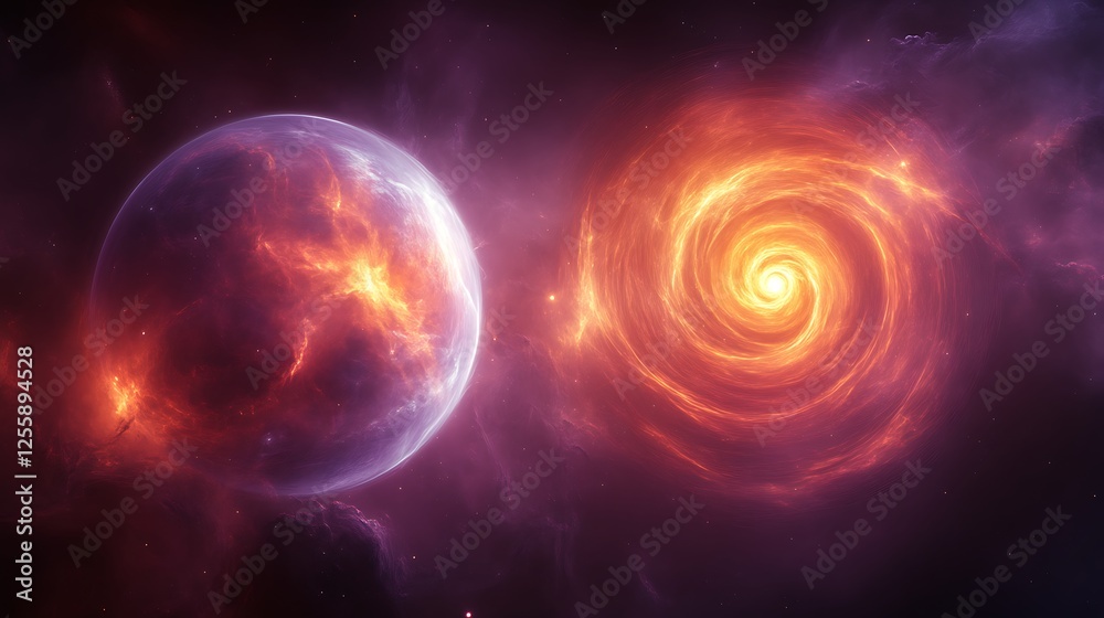 Obraz premium Fiery Planet and Cosmic Spiral Nebula in Space