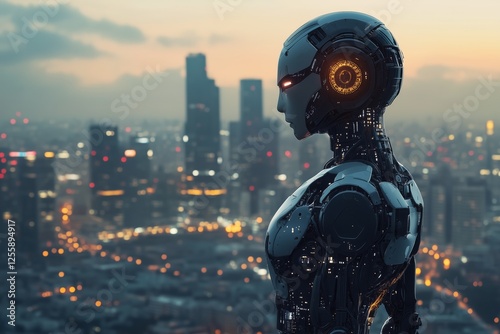 Futuristic robot overlooking a city skyline at dusk
