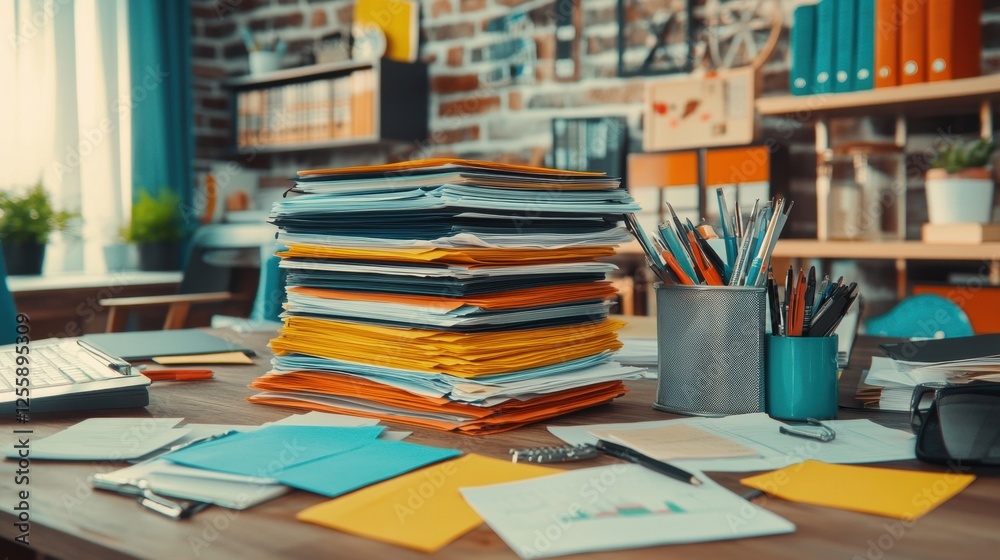 Organized Chaos of Stacked Papers and Office Supplies in Workspace Organized Chaos of Stacked Papers and Office Supplies in Workspace