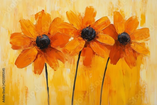Bright orange flowers against a warm yellow background create a cheerful atmo...