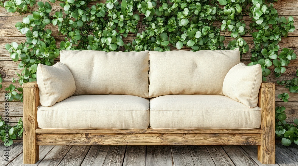 Fototapeta premium Beige couch, wooden frame, ivy wall, patio, relaxation