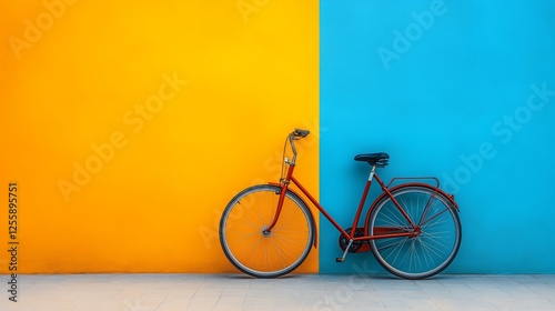 Brightly colored bicycle against vibrant orange and blue wall in urban setting
