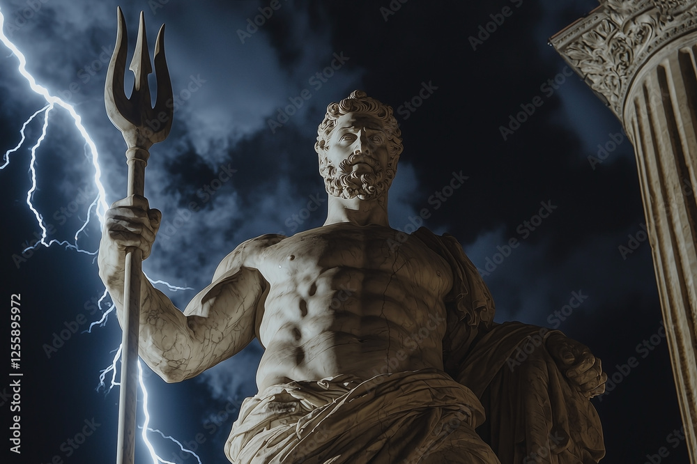 Obraz premium The mighty Neptune, god of the underwater kingdom Neptune (Poseidon) sits on a sea wave and holds a trident in his hand. Ancient Greek and Roman mythology. Marble statue in temple.
