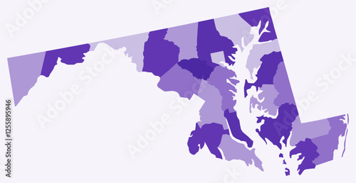 Map of Maryland with counties. Just a simple state border map with county division. Deep purple color palette. Plain State of Maryland shape with administrative division. Vector illustration.